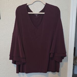 Lane Bryant Plum Layered Ruffle Sleeve V-Neck Top
